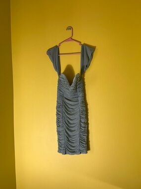 Ruched Slate Blue or Sage Green Bodycon Dress with Flutter Shoulders